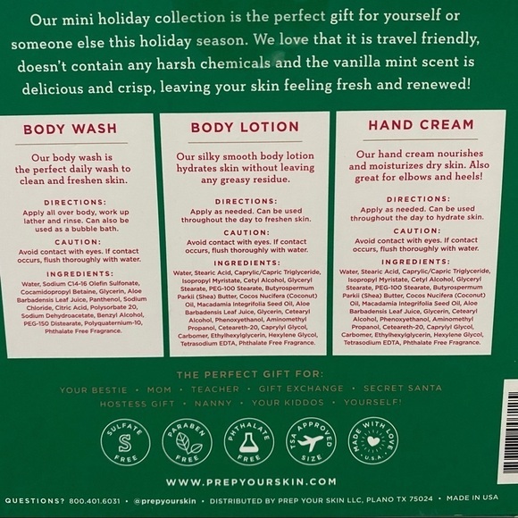 PREP Your Skin Mini Holiday Collection Vanilla Mint Body Wash, Lotion, Hand Crm - Picture 2 of 7